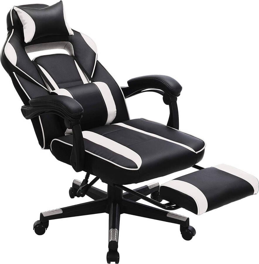 Rootz Living Rootz Gaming Chair Bureaustoel Draaistoel Uitschuifbare Voetsteun Hoofdsteun Ergonomisch Kantelfunctie Zwart Wit 67 x 66 x 116-126 cm