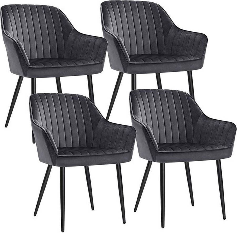 Rootz Living Rootz Gestoffeerde Stoel Set Van 4 Gestoffeerde Stoelen Gestoffeerde Stoelen met Metalen Poten Keukenstoel Gestoffeerde Eetkamerstoel Fluwelen Eetkamerstoel Industriële Eetkamerstoel Grijs + Zwart 62 5 x 60 x 85 cm (L x B x H)