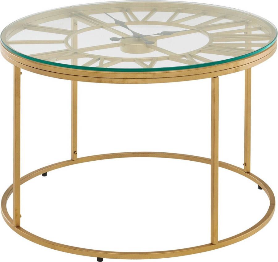 Rootz Living Rootz Gouden Salontafel met Decoratieve Klok Glas & Metaal Modern Design Kleine Ronde Tafel 60x60x43 cm