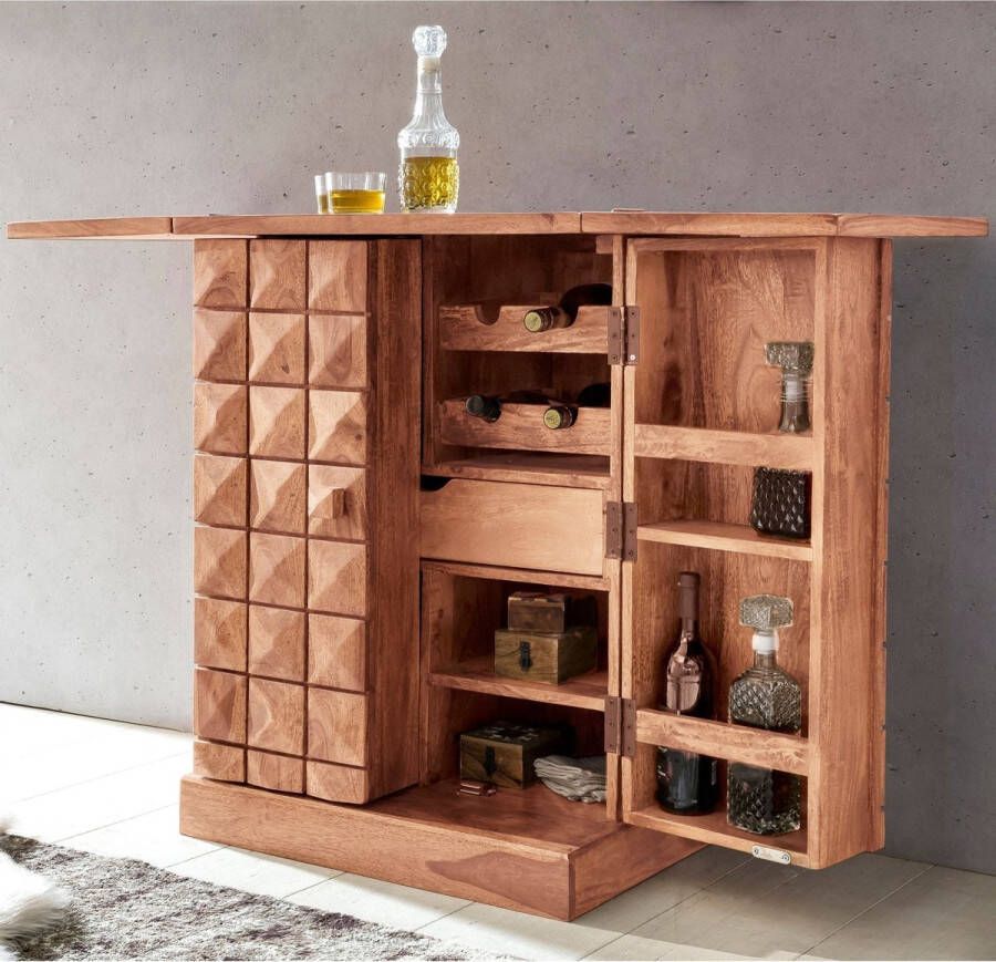 Rootz Living Rootz Home Bar Uitklapbare Bar Vitrinekast Wijnopslag Drankopslag Massief Hout Acacia Landelijke Stijl Barkast