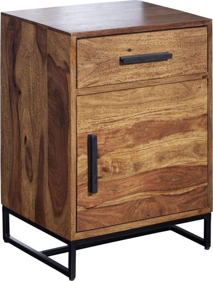 Rootz Living Rootz nachtkastje massief sheesham hout metaal 45x35x65 cm nachtkastje boxspring bed Design nachtkastje met lade en deur Industrieel nachtkastje met opbergruimte