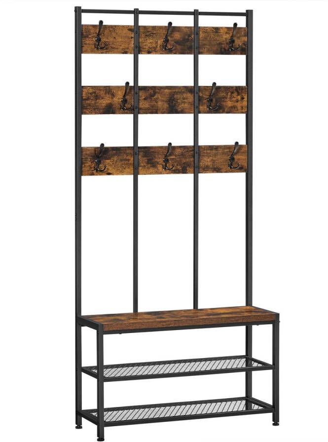 Rootz Living Rootz kapstok met 8 haken en zitting 2 planken metalen frame industriële stijl vintage bruin-zwart