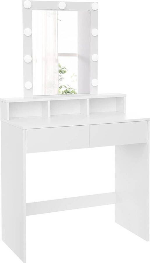 Rootz Living Rootz Kaptafel Cosmeticatafel Spiegel Verlichting 2 Laden Open Compartimenten Wit Bewerkt Hout 80 x 40 x 145 cm