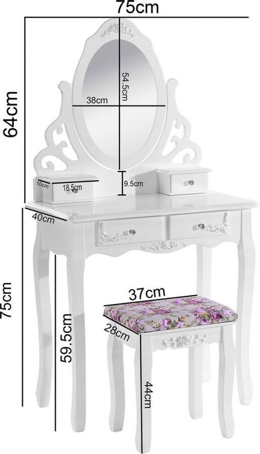 Rootz Living Rootz Kaptafel Vanity Desk Make-up Station Cosmetische Organizer Beauty Counter Prep Stand Wit Mb6024cm 75x139x40cm