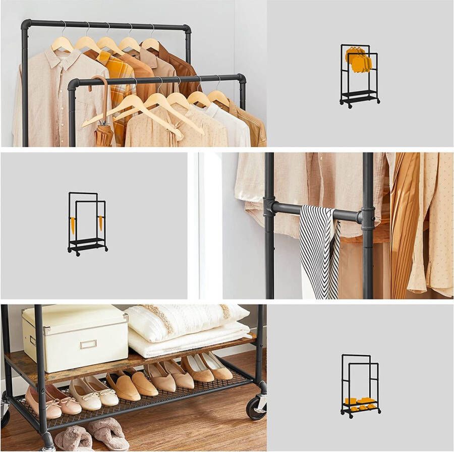 Rootz Living Rootz Kledingrek 2 Hengels Kapstok Industrieel Wielen Bruin Zwart Bewerkt Hout Metaal 100 x 51 x 150 175 cm