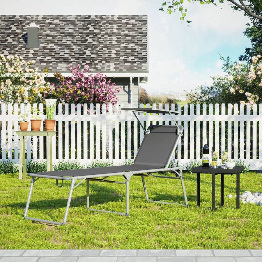 Rootz Living Rootz ligstoel met zonnekap buitenligstoel terrasligstoel tuinligstoel zonnebank strandligstoel draagbare ligstoel grijs 65 x 200 x 48 cm (L x B x H)