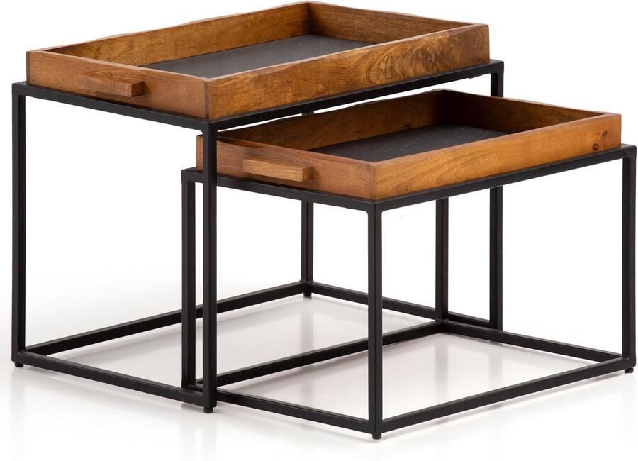 Rootz Living Rootz 2-delige set salontafels rechthoekige tafels modern design 3D steenlook handgemaakt mangohout vloerbeschermers grote tafel: 60 cm x 40 cm x 46 cm kleine tafel: 54 cm x 37 cm x 37 cm