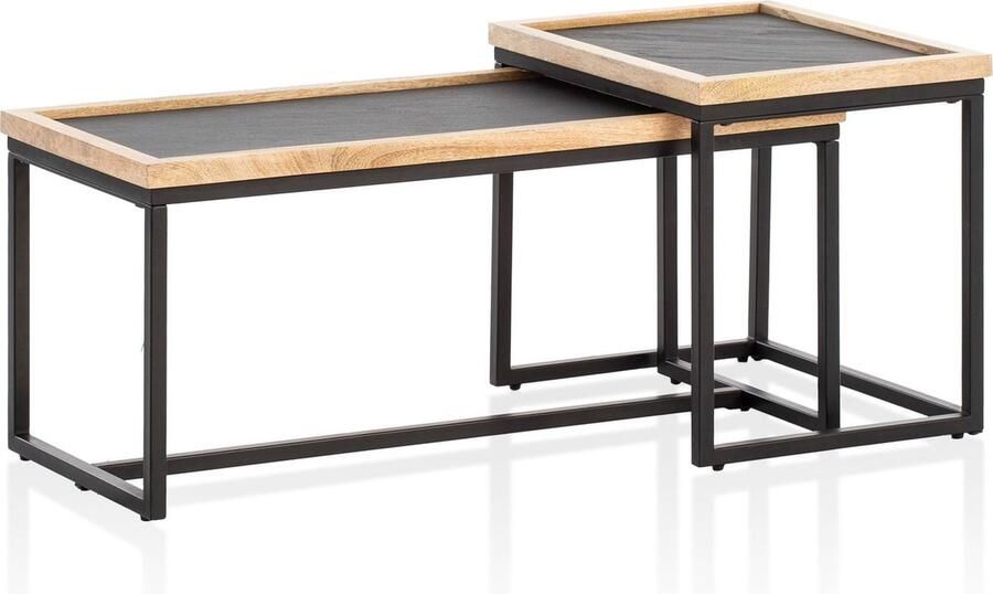 Rootz Living Rootz 2 Piece Set Coffee Tables Rectangular Tables Modern Design Natural Wood Grain 3D Stone Look Handmade Unique Height Adjustable Nubs Mango Solid Wood MDF & Plastic Powder-Coated Iron 90cm x 40cm x 40cm & 40cm x 50cm x 45cm