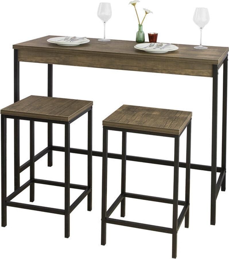 Rootz Living Rootz 3-delige bartafelset met 2 krukken eettafel feesttafel ruimtebesparend ontwerp MDF fineerblad metalen frame 121 cm x 97 cm x 46 cm