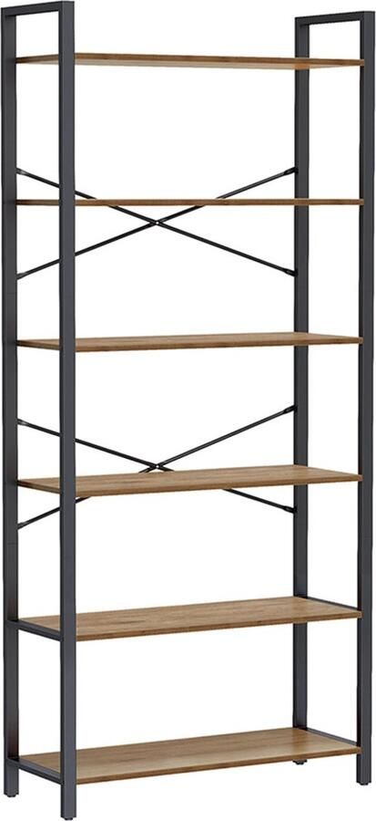 Rootz Living Rootz 6-laags boekenplank Donker walnoot-zwart Spaanplaatstaal Opbergorganisator Stevige constructie Eenvoudige montage 30 cm x 80 cm x 186 cm