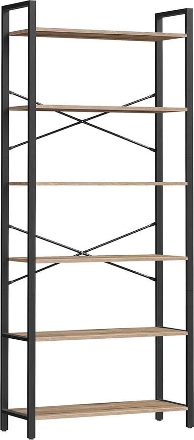 Rootz Living Rootz 6-laags boekenplank opbergrek spaanplaatstaal grote capaciteit eenvoudige montage kameelbruin inktzwart 30 cm x 80 cm x 186 cm