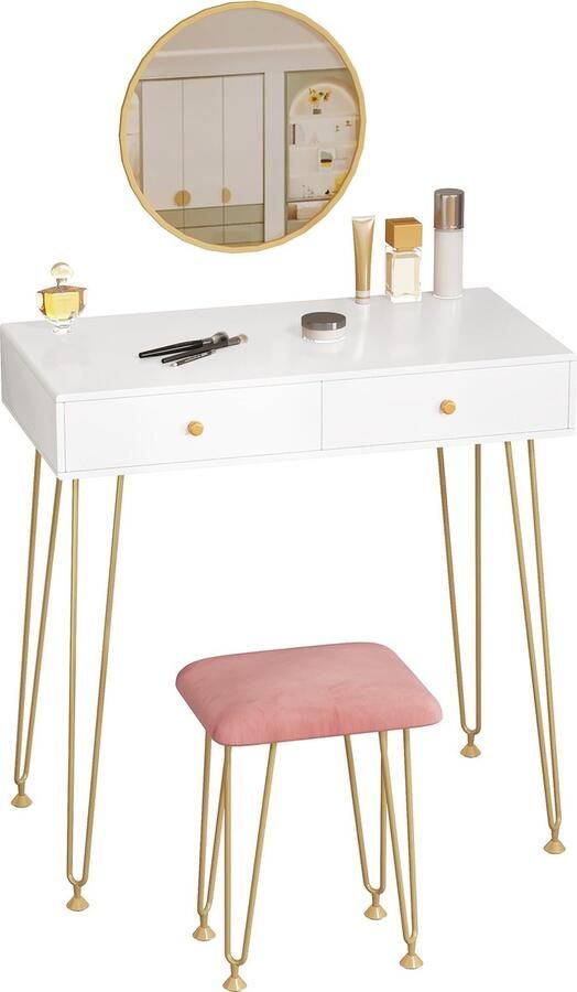 Rootz Living Rootz Elegante kaptafelset Vanity Desk Make-upstation Afneembare ronde spiegel Voldoende opbergruimte Duurzame constructie Wit en goud 80 cm x 40 cm x 81 cm