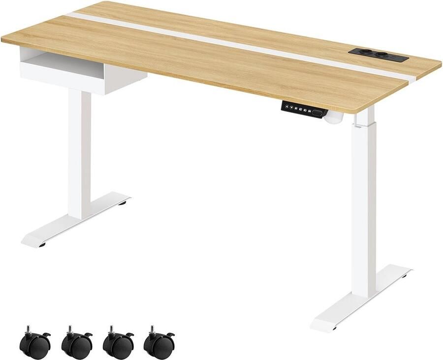 Rootz Living Rootz Elektrisch Sta-bureau Verstelbaar Bureau Zit-sta Bureau Spaanplaat Staal 60cm x 140cm x (72-120)cm Golden Oak Cloud White Stille werking Snelle aanpassing Zwaar gebruik 1 5 cm tafelblad 80 kg draagvermogen