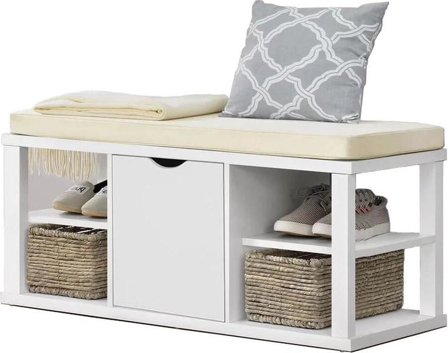 Rootz Living Rootz Gangbank met opbergruimte Bedbank Garderobebank Krasbestendig melamine Comfortabele witte zitkussens Stabiel en veelzijdig 94 cm x 45 cm x 40 cm