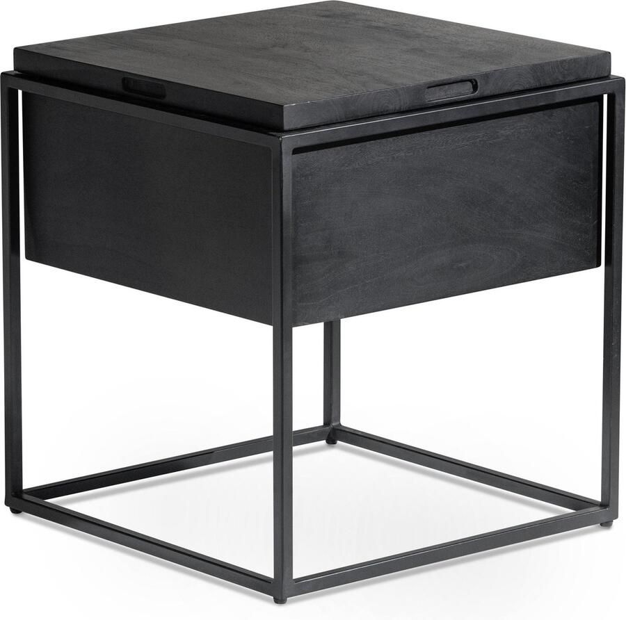 Rootz Living Rootz Handgemaakte Bijzettafel Vierkante Tafel Zwart Massief Hout Metaal Uniek Design Verborgen Opbergvak Handgemaakt 47cm x 47cm x 51cm