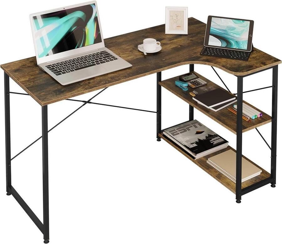 Rootz Living Rootz Hoekbureau L-vormig werkstation Computerbureau Dubbele tafelbladen voldoende opbergruimte duurzame constructie Vintage bruin + zwart 120 cm x 71 5 cm x 74 cm