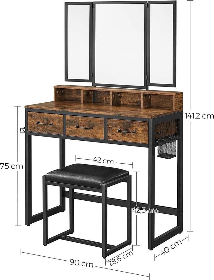 Rootz Living Rootz Kaptafel Set Make-up Tafel 3-Delig Opklapbare Spiegel Föhnhouder Toilettafel Gestoffeerde Kruk 3 Laden Industrieel Bruin Zwart
