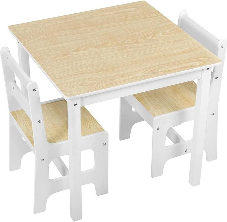Rootz Living Rootz Kindertafel en stoelenset Kindermeubelset Studie- en activiteitentafel Kindvriendelijk ontwerp veiligheidsvoorzieningen duurzame constructie MDF natuurlijke houtafwerking Tafel: 60x60x55 cm Stoelen: 30x30x55 cm