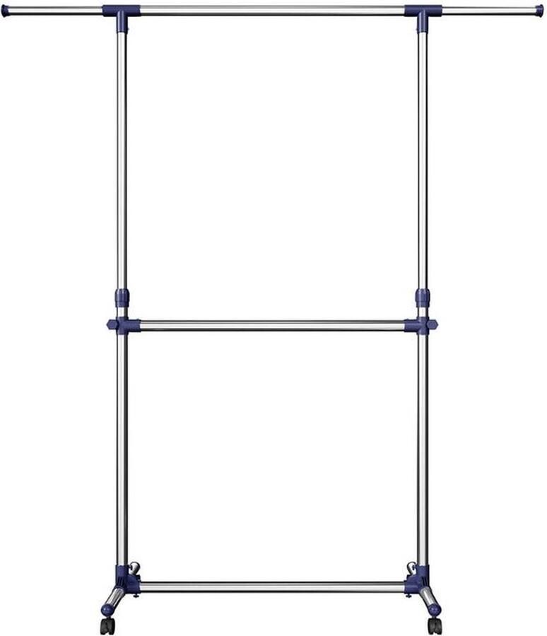Rootz Living Rootz Kledingrek voor zwaar gebruik 2 stangen Industriële stijl Kapstok met wielen Vrijstaande kledingorganizer Mobiele kledingopberger Gepoedercoate ijzeren buizen Grijs Blauw 22 5 x 9 x 103 5 cm