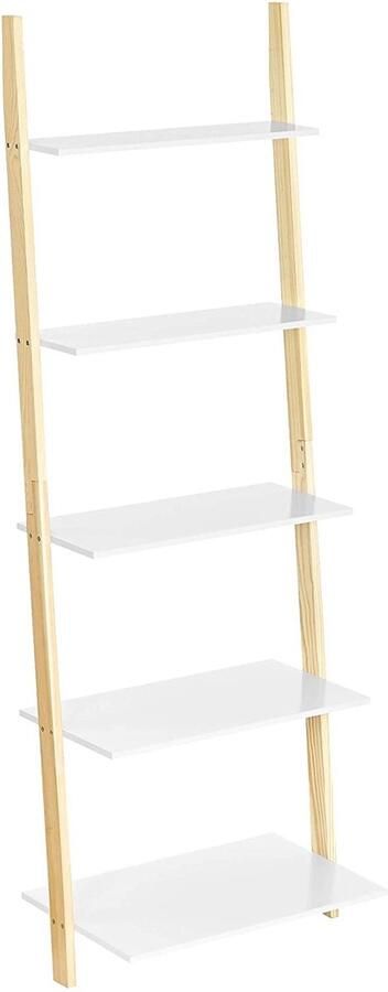 Rootz Living Rootz Ladderkast Boekenkast Ladderplank 5 Niveaus 60 x 35 x 171 cm Massief Houten Frame Mat Wit Naturel