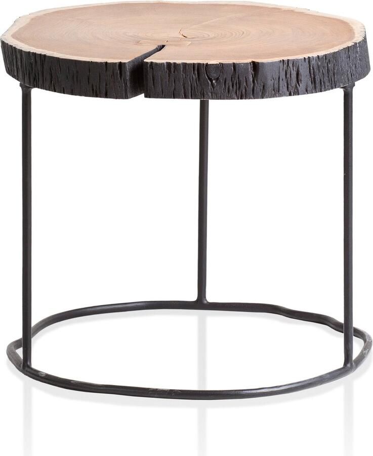 Rootz Living Rootz moderne salontafel houten snijtafel massief hout en metaal handgemaakt uniek ontwerp 45 cm x 45 cm x 40 cm bruin zwart frame acaciahout gepoedercoat ijzer capaciteit 25 kg