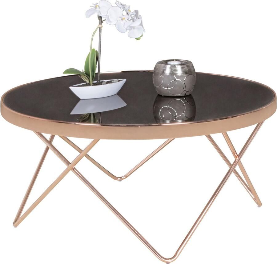 Rootz Living Rootz Retro Salontafel Filigraan Tafelpoten Charmant Kleurenschema 40cm x 82cm Zwart Glazen Blad Koperen Frame Max. 10 kg laadvermogen