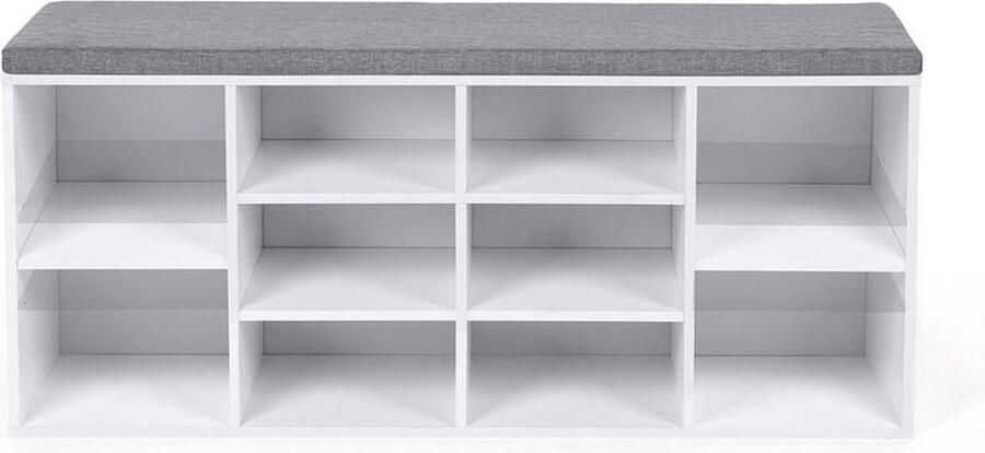Rootz Living Rootz Schoenenbank Gevoerde schoenenbank 10 vakken Schoenenbank in de hal Schoenenopbergbank Schoenenrek met kussen Gang Ingang Imitatielinnen Schuim Spaanplaat Wit 104 x 30 x 48 cm (L x B x H)