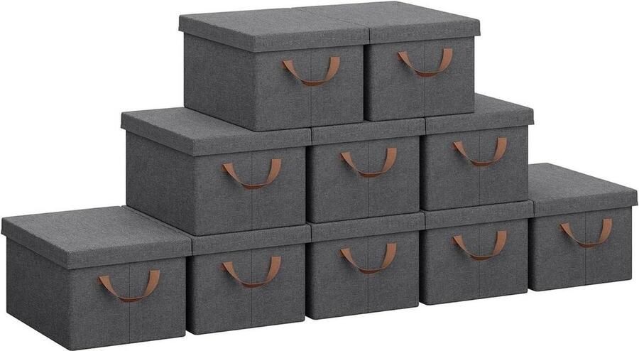 Rootz Living Rootz Set van 10 opvouwbare opbergmanden Organizerbakken Stoffen dozen met deksels Kationisch polyester Meerdere maten 20L 27L 36L 51L Grijs 67cm x 39cm x 40cm