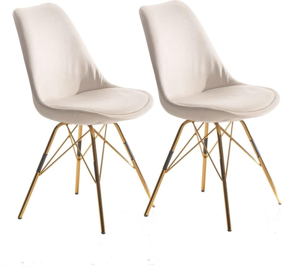 Rootz Living Rootz Set van 2 moderne eetkamerstoelen Scandinavisch design fluwelen bekleding gouden poten beige zitschalen 48 cm x 85 cm x 58 cm