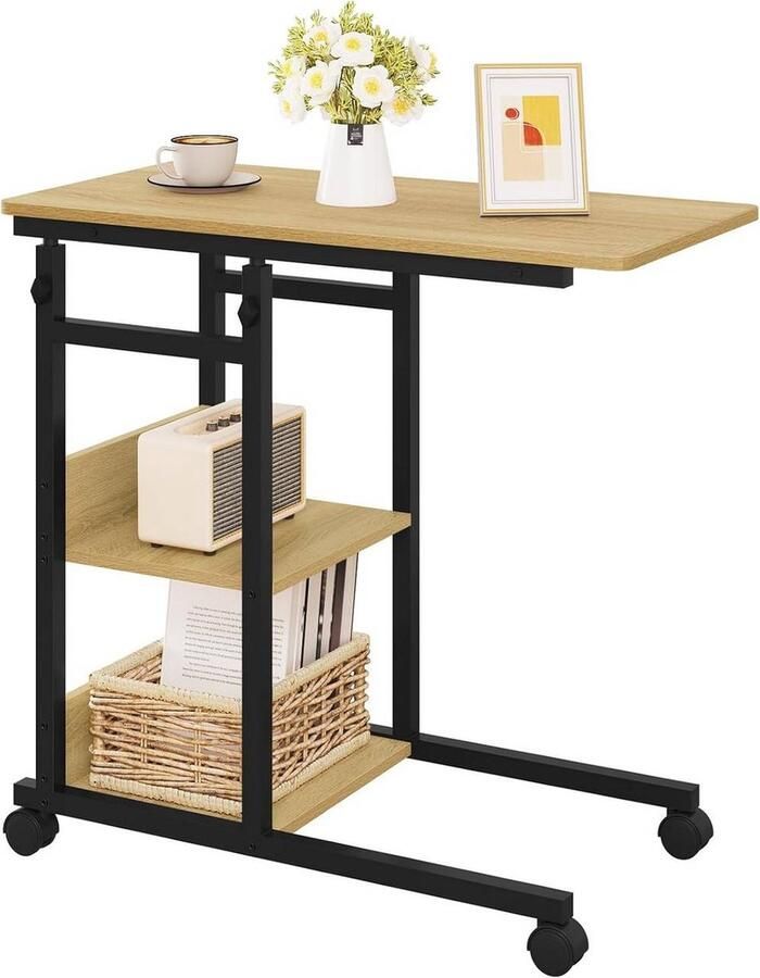 Rootz Living Rootz Verstelbare Rolling Side Table Vintage Wood Look C-vormige bijzettafel Sofa Table Hoogte verstelbaar 80cm x (76-96)cm x 40cm