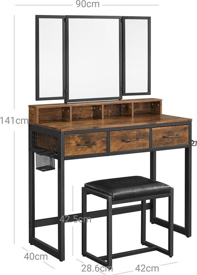 Rootz Living Rootz Vintage Bruin-Zwarte Kaptafelset Kaptafel Make-uptafel Spaanplaat en stalen constructie Glazen tafelblad Kunstleren kruk Schuimkussen 90 cm x 40 cm x 141 cm 42 cm x 28 6 cm x 42 5 cm
