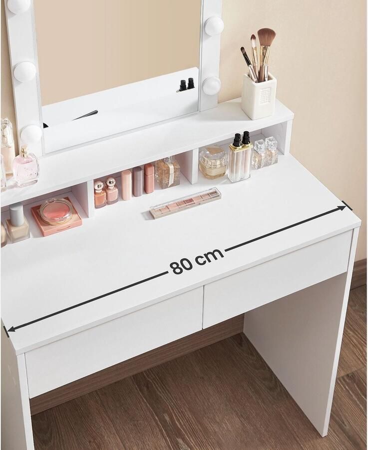 Rootz Living Rootz Witte Kaptafel met Spiegel Kaptafel Make-uptafel Spaanplaatconstructie 2 Laden 3 Compartimenten Verhoogde Plank Gloeilampen Gemakkelijke Make-up Routine Kinderspel 80cm x 40cm x 145cm