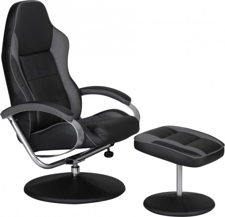 Rootz Living Rootz Loungestoel design loungestoel Racing reference kunstleer zwart grijs draaibaar met Kruk Racer