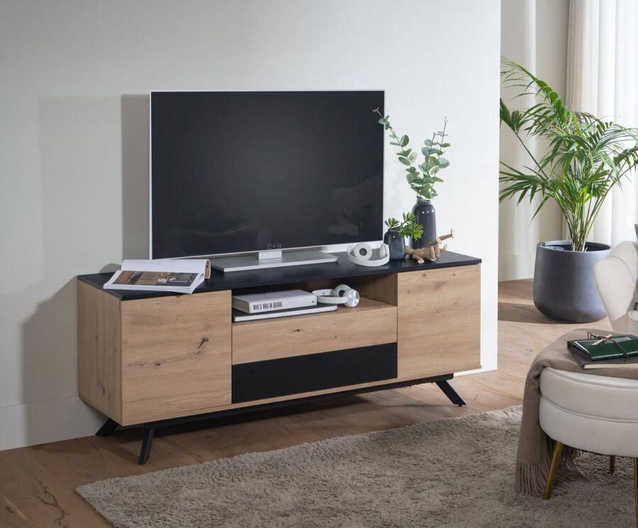 Rootz Living Rootz lowboard 150x60x40 MDF eiken decor zwart tv-dressoir met twee deuren design tv-meubel hoog tv-meubel modern tv-dressoir woonkamer met opbergruimte