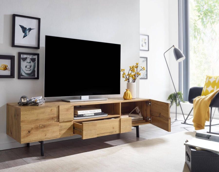 Rootz Living Rootz lowboard hout eiken decor 160x46x43 cm Tv-dressoir met twee deuren Design Tv-meubel hoog Tv-meubel modern Tv-dressoir woonkamer