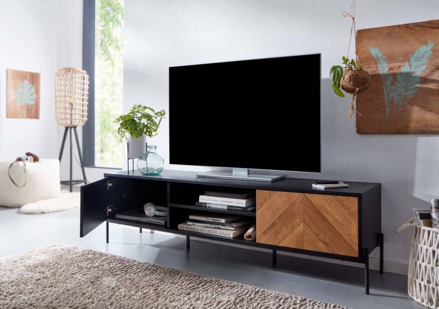 Rootz Living Rootz lowboard hout zwart eiken decor 163x45x40 cm Tv-dressoir met twee deuren Design Tv-meubel hoog Tv-meubel modern Tv-dressoir woonkamer