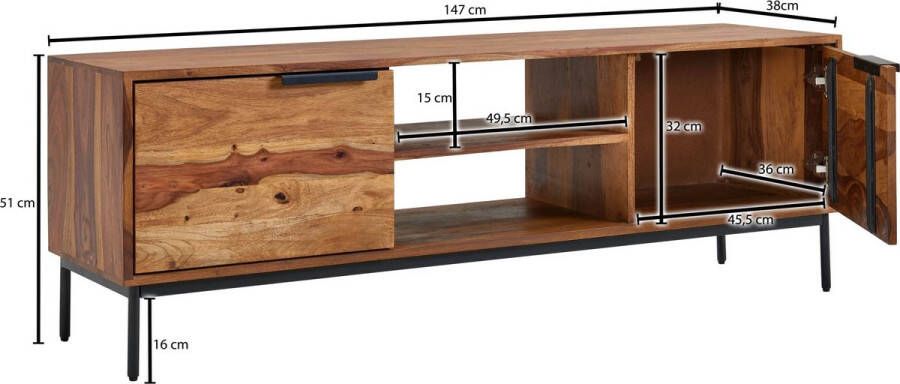 Rootz Living Rootz lowboard massief sheesham hout 147x51x38 cm Tv-dressoir met twee deuren Design Tv-meubel hoog Tv-meubel modern Tv-dressoir woonkamer