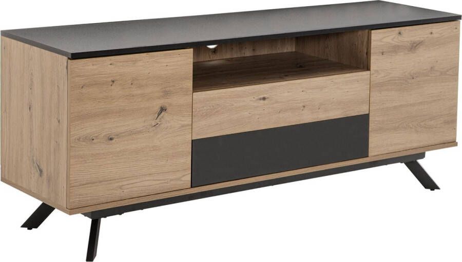 Rootz Living Rootz lowboard 150x60x40 MDF eiken decor zwart tv-dressoir met twee deuren design tv-meubel hoog tv-meubel modern tv-dressoir woonkamer met opbergruimte