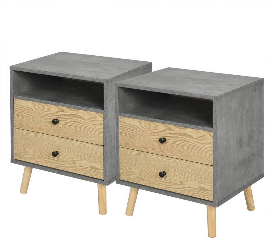 Rootz Living Rootz Nachtkastje Opbergmeubel Bijzettafel Ladestandaard Organizer Grijs+Licht Eiken 45x56x40cm