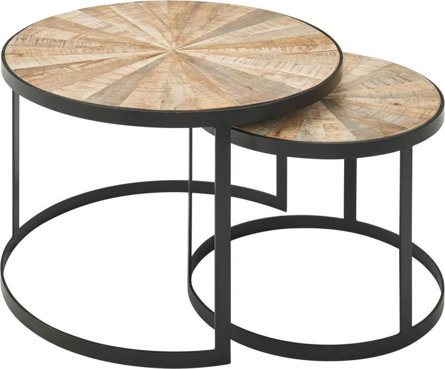 Rootz Living Rootz Nesting Tables Rond Design Set van 2 Bruine Salontafel met Metalen Poten 2-delige Placemat Nesting Table in Hout en Zwart Metaal Mango Massief Hout