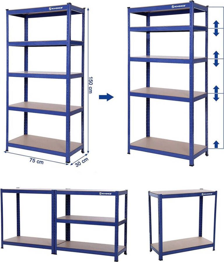 Rootz Living Rootz Opbergrek Set Van 2 Opbergrekken Industriële Opbergrekken 5 Planken Opbergrekken Blauw 30 x 75 x 150 cm