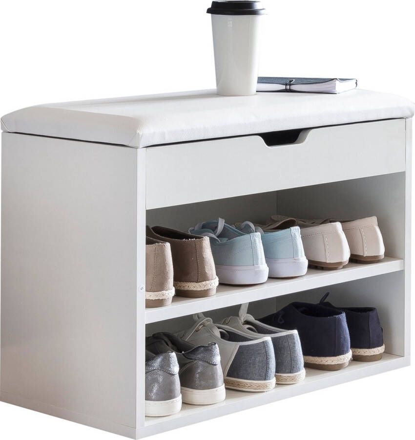 Rootz Living Rootz Plankbank Wit Kleine gestoffeerde houten bank Smalle gangschoenenbank met opbergruimte Borstbank voor gang 60 x 40 x 30 cm