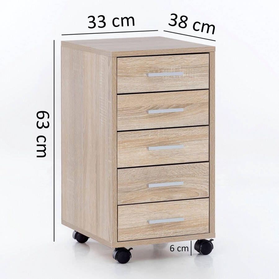 Rootz Living Rootz rolcontainer Sonoma 33 x 63 x 38 cm houten ladekast bureau Kantoorkast met 5 lades Container Rolkast klein Standcontainer smal Bureaucontainer met wieltjes