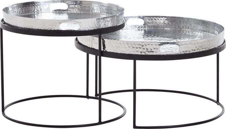 Rootz Living Rootz ronde bijzettafel set van 2 zilver-zwarte metalen bijzettafels met hamerslagafwerking ronde salontafel met afneembaar blad moderne 2-delige dienblad-slaapbank