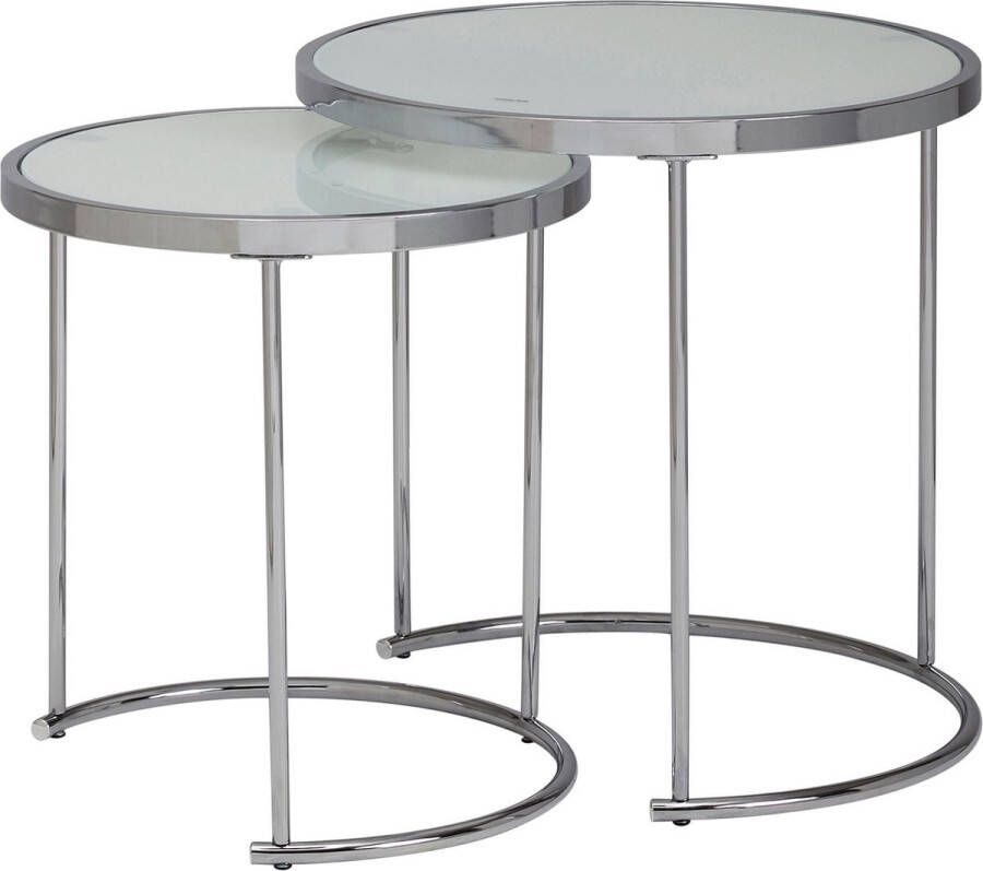 Rootz Living Rootz design bijzettafel rond Ø 50-42 cm 2 stuks wit zilver met glazen blad Woonkamertafel set van 2 Bijzettafel melkglas salontafel