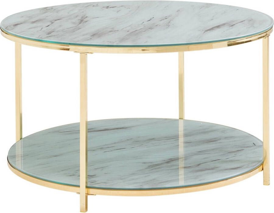 Rootz Living Rootz salontafel 80x80x45 cm glazen salontafel rond marmer look wit goud Woonkamertafel met opbergruimte salontafel metaal Kleine tafel bijzettafel woonkamer modern