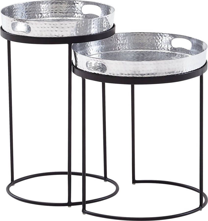 Rootz Living Rootz ronde salontafel Set van 2 zilver-zwarte metalen bijzettafels met hamerslagafwerking ronde salontafel met afneembaar blad moderne 2-delige dienblad-banktafel