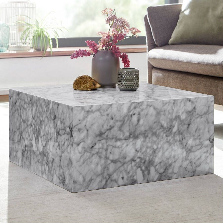 Rootz Living Rootz salontafel 60x30x60 cm hoogglans met marmer look wit Design woonkamertafel Cube vierkant Lounge bijzettafel kubusvorm