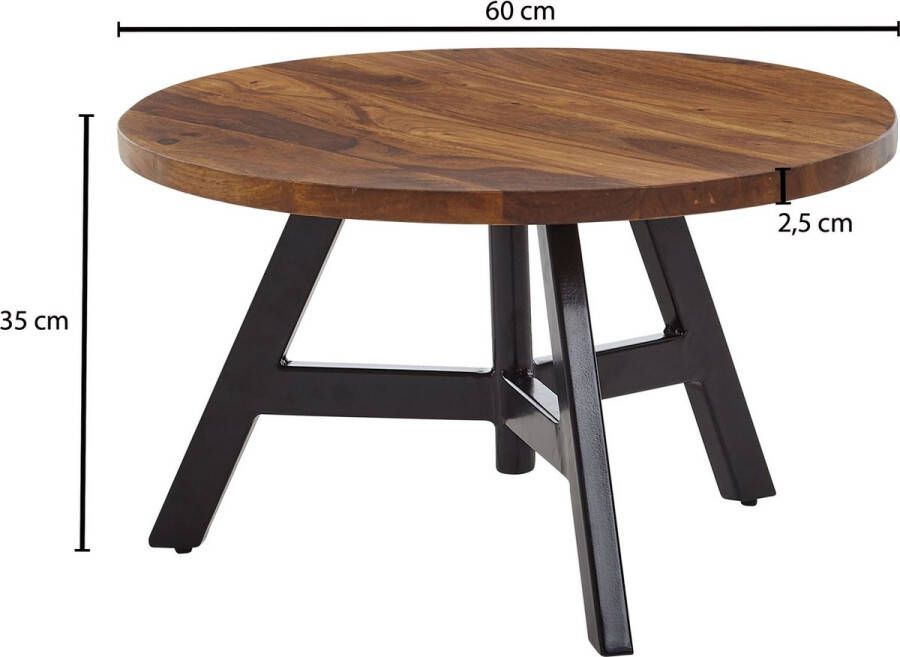 Rootz Living Rootz salontafel 60x60x35 cm massief sheesham hout metalen salontafel rond Design woonkamertafel salontafel massief Kleine tafel bijzettafel woonkamer modern