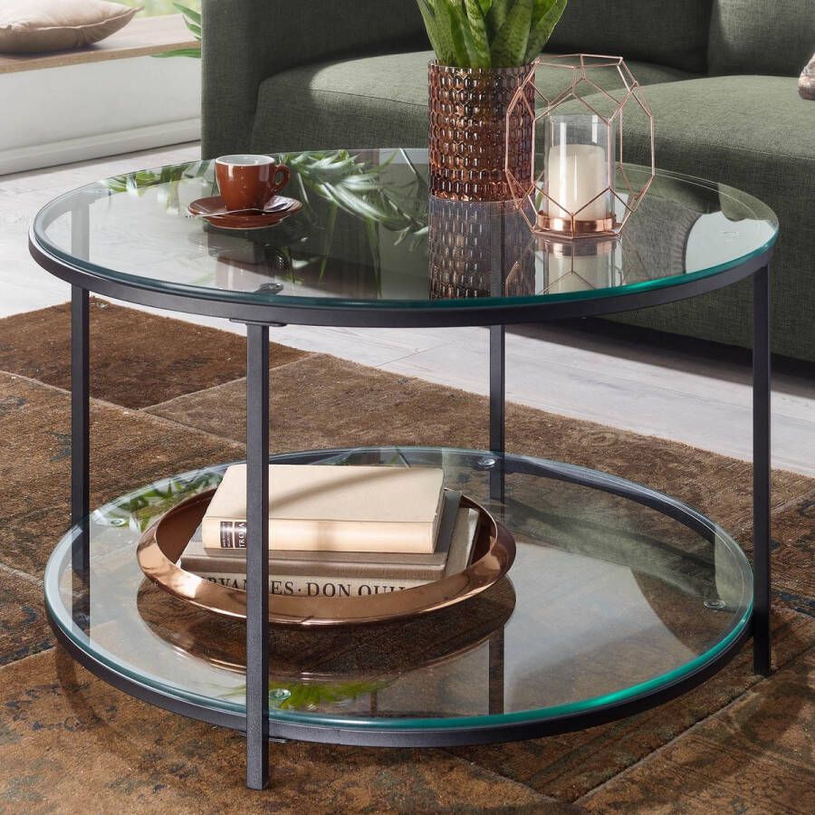 Rootz Living Rootz salontafel 80x80x45 cm glas metaal woonkamertafel rond modern Salontafel met opbergruimte Loungetafel met opbergvak Salontafel bijzettafel